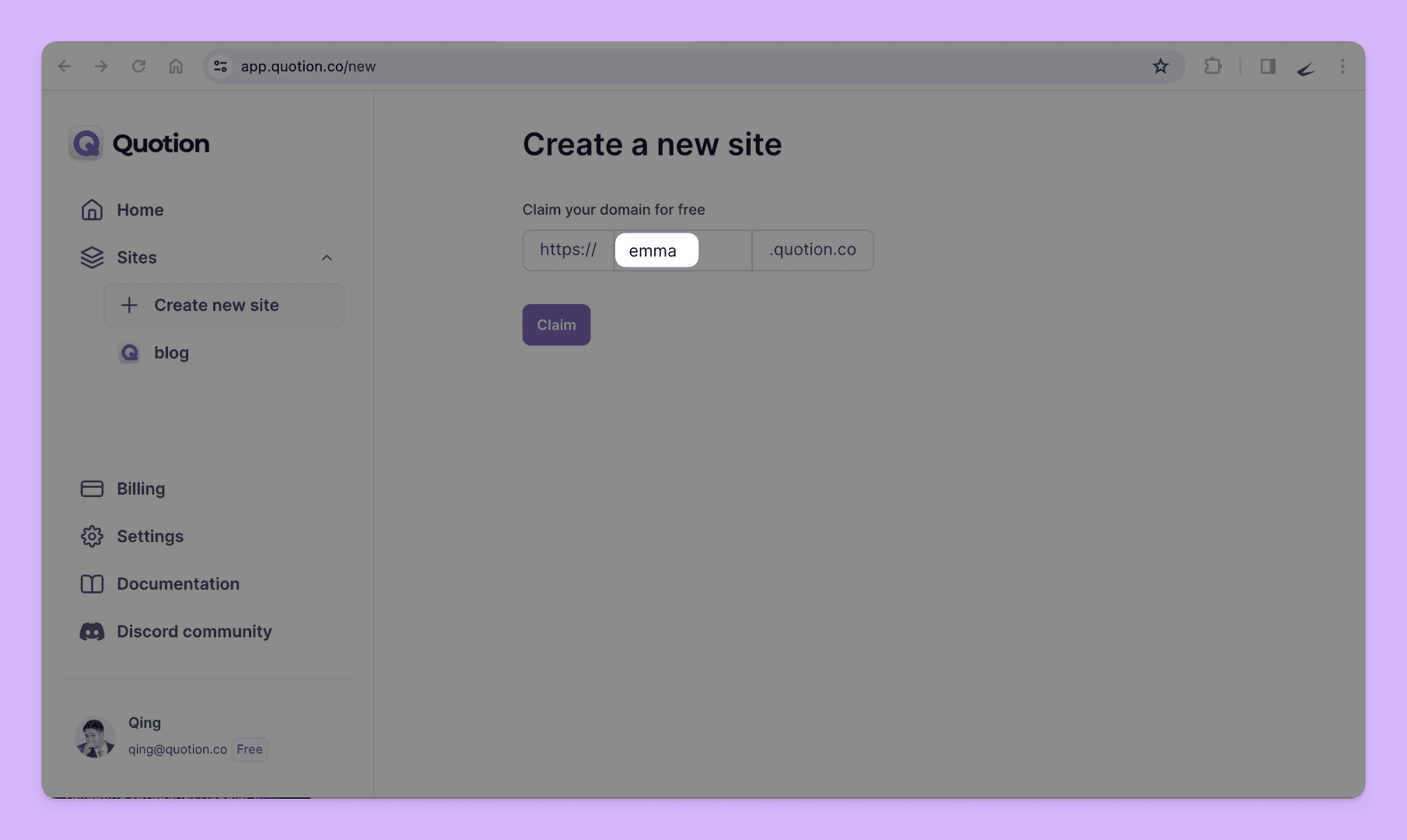 The image showcases the 'Create a new site' interface within the Quotion platform. Users can claim a free domain by entering their desired name, such as 'emma,' before the '.quotion.co' suffix. The interface has a clean, modern design with a focus on simplicity and user-friendliness.