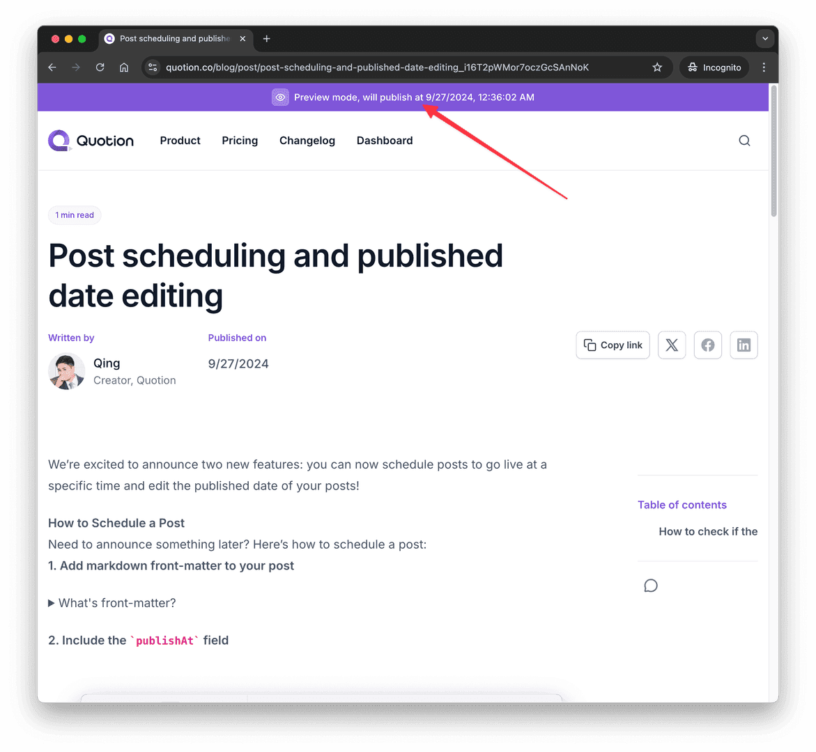 The image showcases a blog post titled 'Post scheduling and published date editing' on the Quotion website. The post is in preview mode and scheduled to publish on September 27, 2024, at 12:36 AM. The article explains how to schedule posts and edit the published date, with a focus on markdown front-matter and the publishAt field.