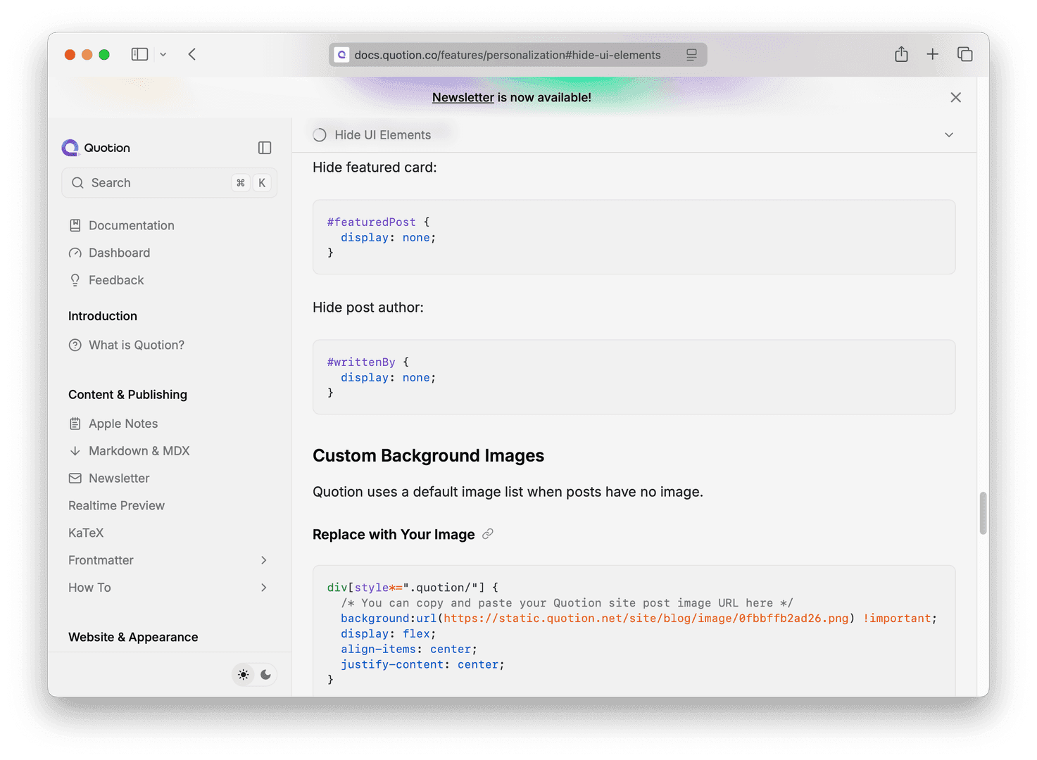 The image showcases the 'Hide UI Elements' section within the Quotion documentation, focusing on personalization options. It provides code snippets to hide elements like the featured card and post author. The mood is informative and technical, with a clean, modern interface.