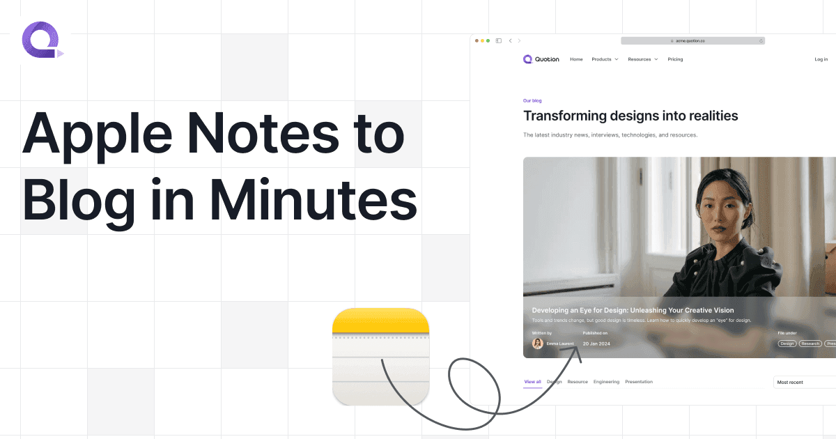 This image showcases how to transform Apple Notes into a blog in minutes. The blog post, titled 'Developing an Eye for Design: Unleashing Your Creative Vision,' is featured on the Quotion website. The visual elements include the Apple Notes icon, a blog interface, and a clean, modern design.