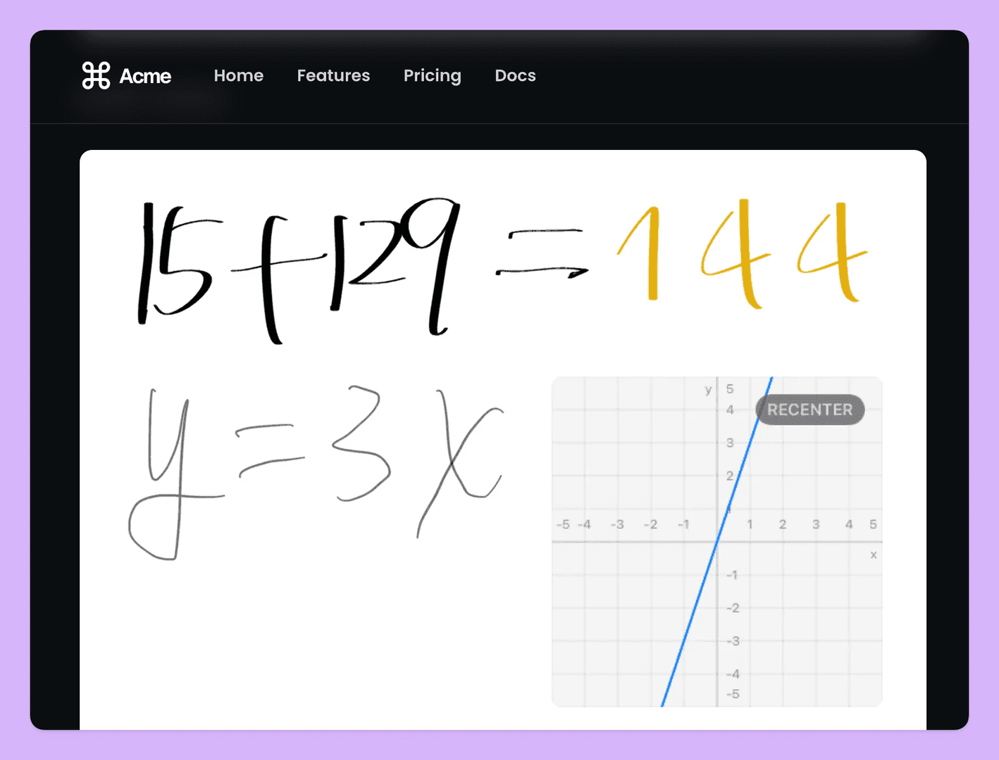 The image showcases a digital whiteboard with mathematical equations and a graph. The equation '15 + 129 = 144' is written in black and yellow, while the equation 'y = 3x' is also visible. A graph of the equation is also displayed, with a 'RECENTER' button.