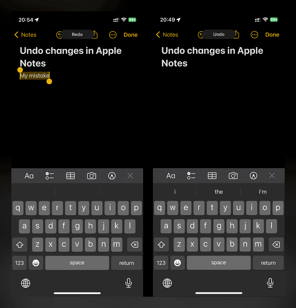 This image showcases the 'Undo changes in Apple Notes' feature on an iPhone. The first screen displays the 'Redo' option after a mistake is made, while the second screen shows the 'Undo' option after the change. The visual elements include the iPhone interface with a dark mode theme and a keyboard at the bottom.
