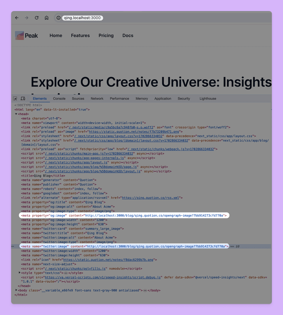 The image shows the 'Explore Our Creative Universe: Insights' webpage's source code, specifically focusing on the meta tags related to social media sharing. The code highlights the Open Graph and Twitter image properties, indicating how the blog post's visual representation will appear when shared on platforms like Facebook and Twitter. The overall mood is technical and informative, showcasing the behind-the-scenes elements of a blog post's online presence.