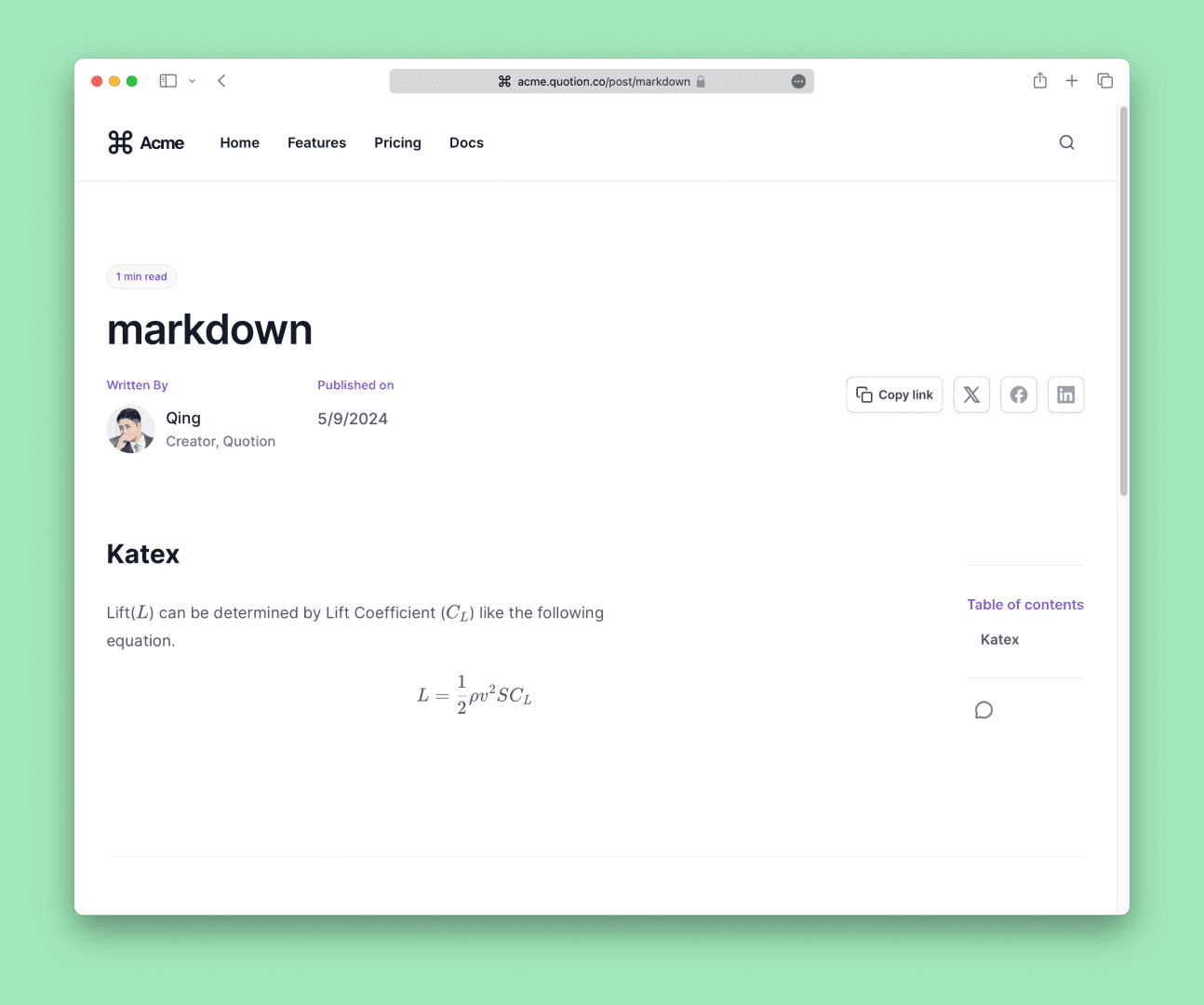 The image showcases a blog post titled 'markdown' on a website. The post, written by Qing, discusses the topic of Katex and includes a mathematical equation. The overall mood is informative and clean, with a focus on presenting technical content in a readable format.