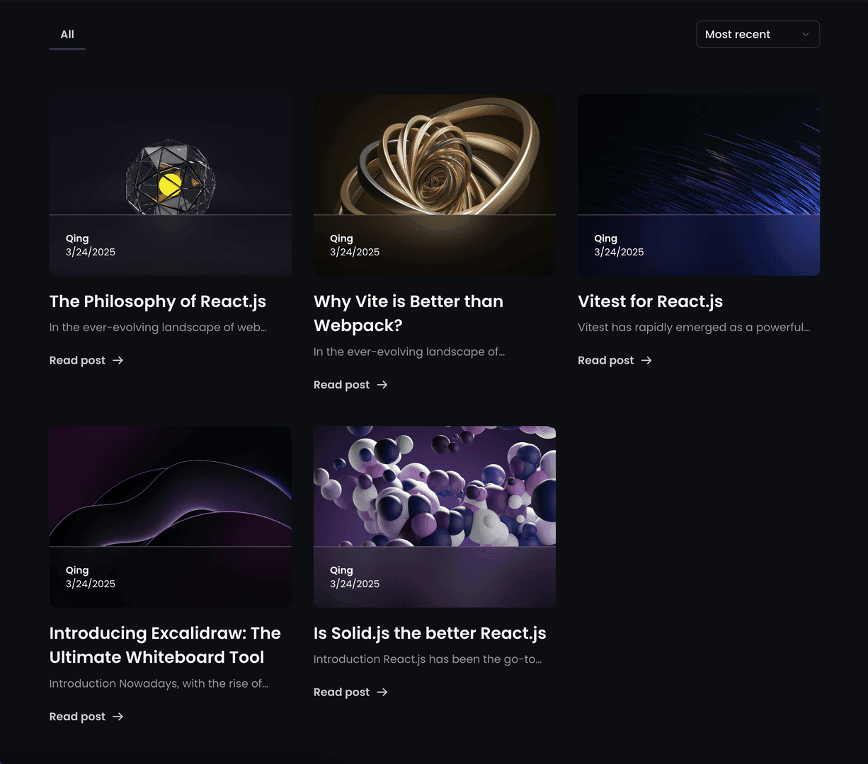 This image showcases a blog layout with several articles related to React.js. The titles include 'The Philosophy of React.js,' 'Why Vite is Better than Webpack?,' and 'Vitest for React.js,' among others. The overall mood is modern and tech-focused, with abstract, geometric visuals accompanying each article.