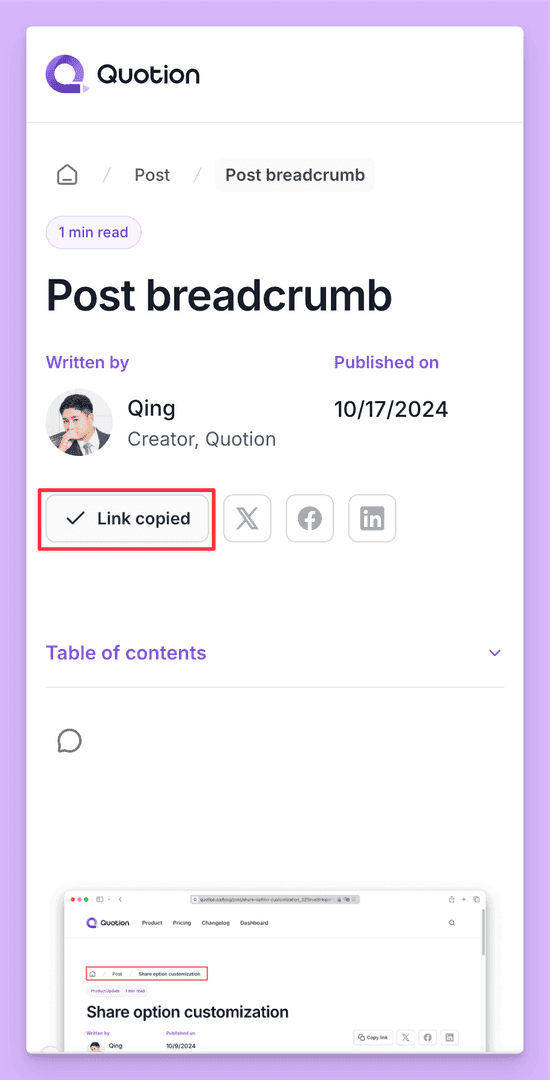 The image showcases a blog post titled 'Post breadcrumb' on the Quotion platform. The post, written by Qing, was published on October 17, 2024, and the link has been successfully copied. The overall mood is clean and modern, with a focus on user interaction and content sharing.
