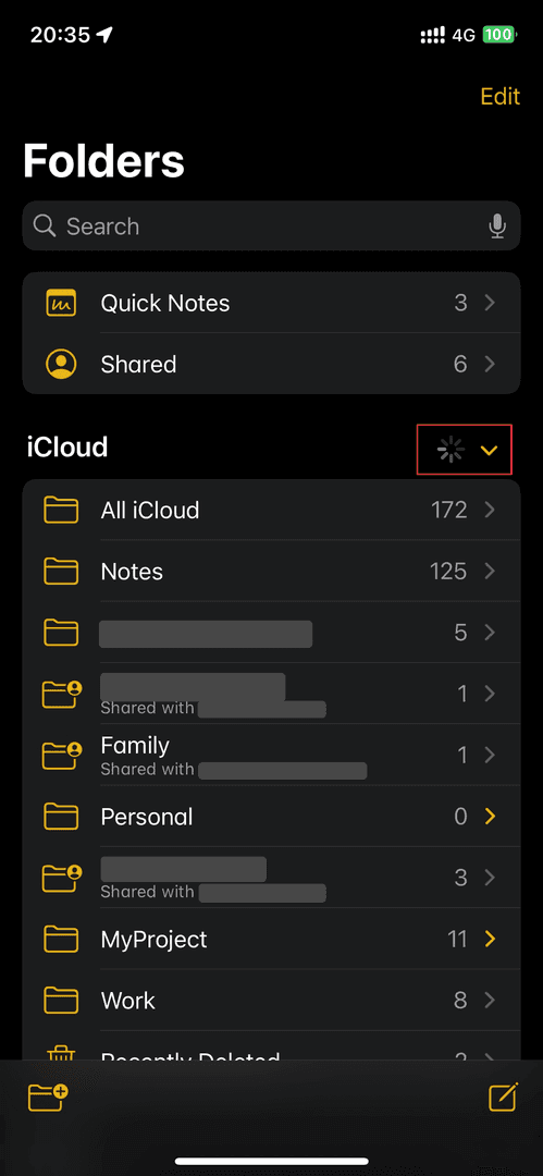 The image showcases the 'Folders' section of the Notes app on an iPhone, displaying various folders organized under 'iCloud.' The interface has a dark mode aesthetic, with a clean layout and yellow icons indicating different note categories. The user is likely managing their notes, with options to search, edit, and view the contents of each folder.