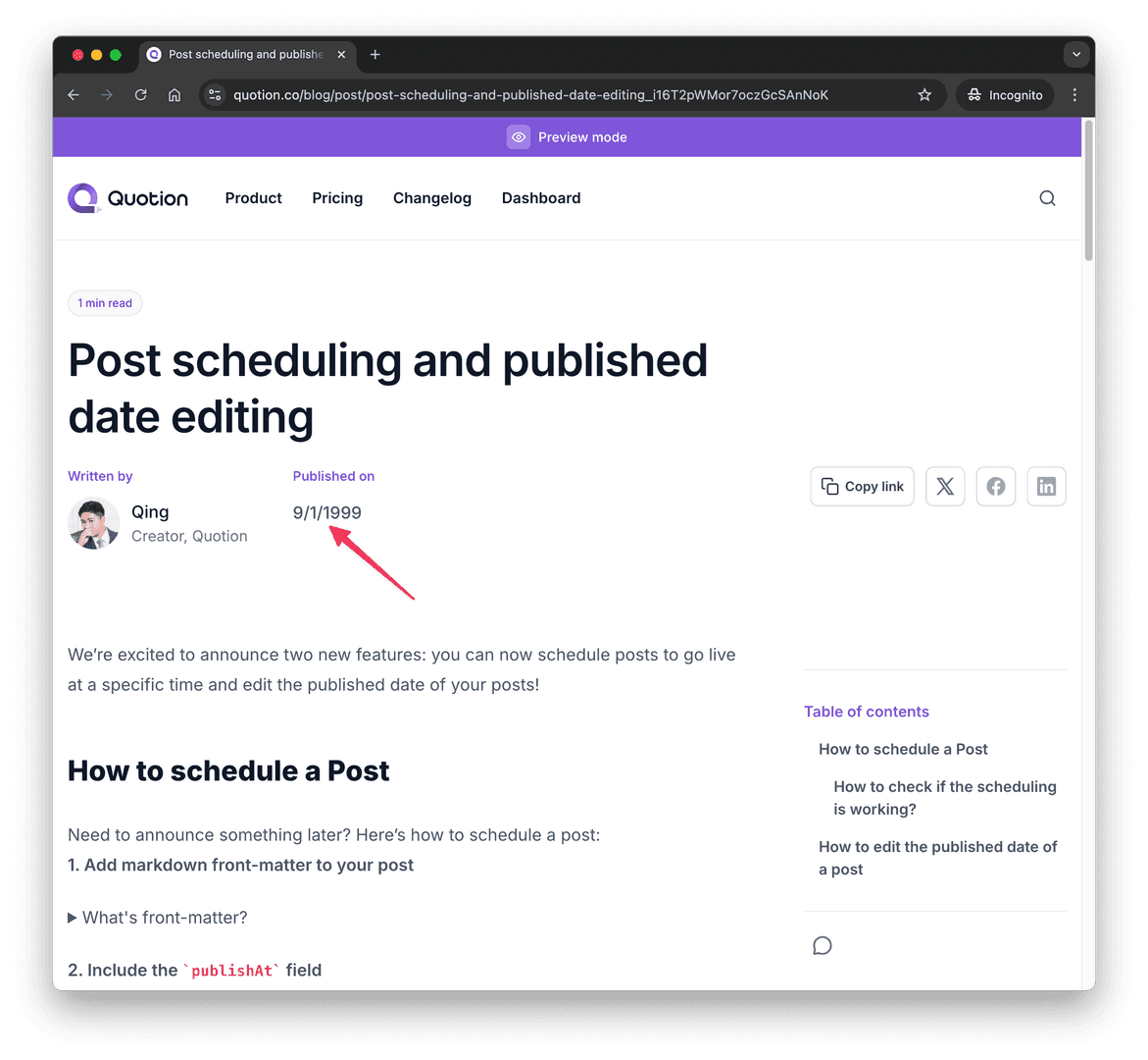 The image showcases a blog post titled 'Post scheduling and published date editing' on the Quotion website. The post, published on 9/1/1999, discusses new features allowing users to schedule posts and edit their published dates. The layout is clean and modern, with a clear table of contents and a focus on user-friendly instructions.