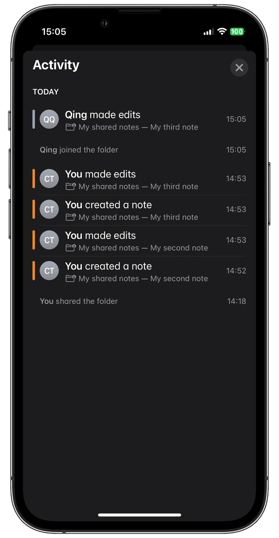 The image showcases the 'Activity' log on a mobile app, displayed on a smartphone screen. The dark mode interface lists recent actions, such as edits and note creations, with timestamps and user initials. The overall mood is clean and organized, highlighting the app's user activity in a clear and accessible manner.