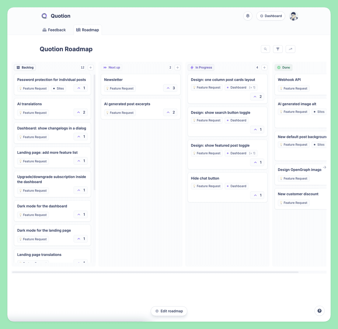This is a roadmap interface for the 'Quotion' platform, showcasing various feature requests and their statuses. The interface is organized into columns like 'Backlog,' 'Next up,' 'In Progress,' and 'Done,' with each card representing a specific feature request. The overall mood is clean and organized, with a focus on project management and progress tracking.