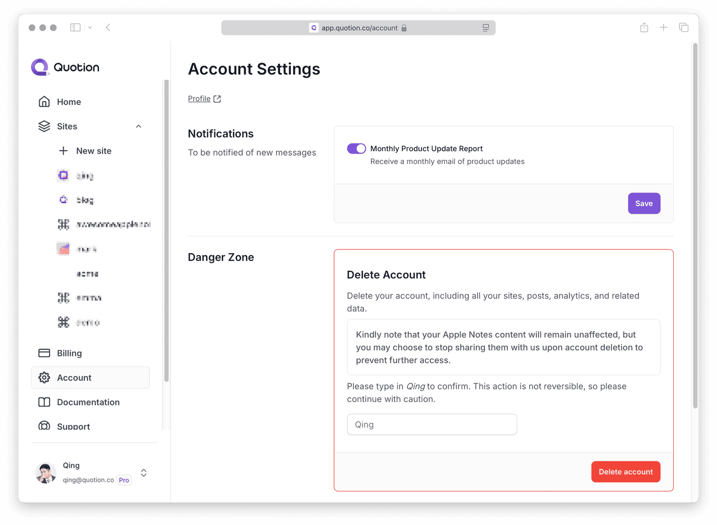 The image showcases the 'Account Settings' page of the Quotion platform, with a focus on the 'Danger Zone' section. Within this section, the user is presented with the option to 'Delete Account,' which includes a warning about data deletion and a confirmation step. The interface has a clean, modern design with a clear call to action to delete the account.