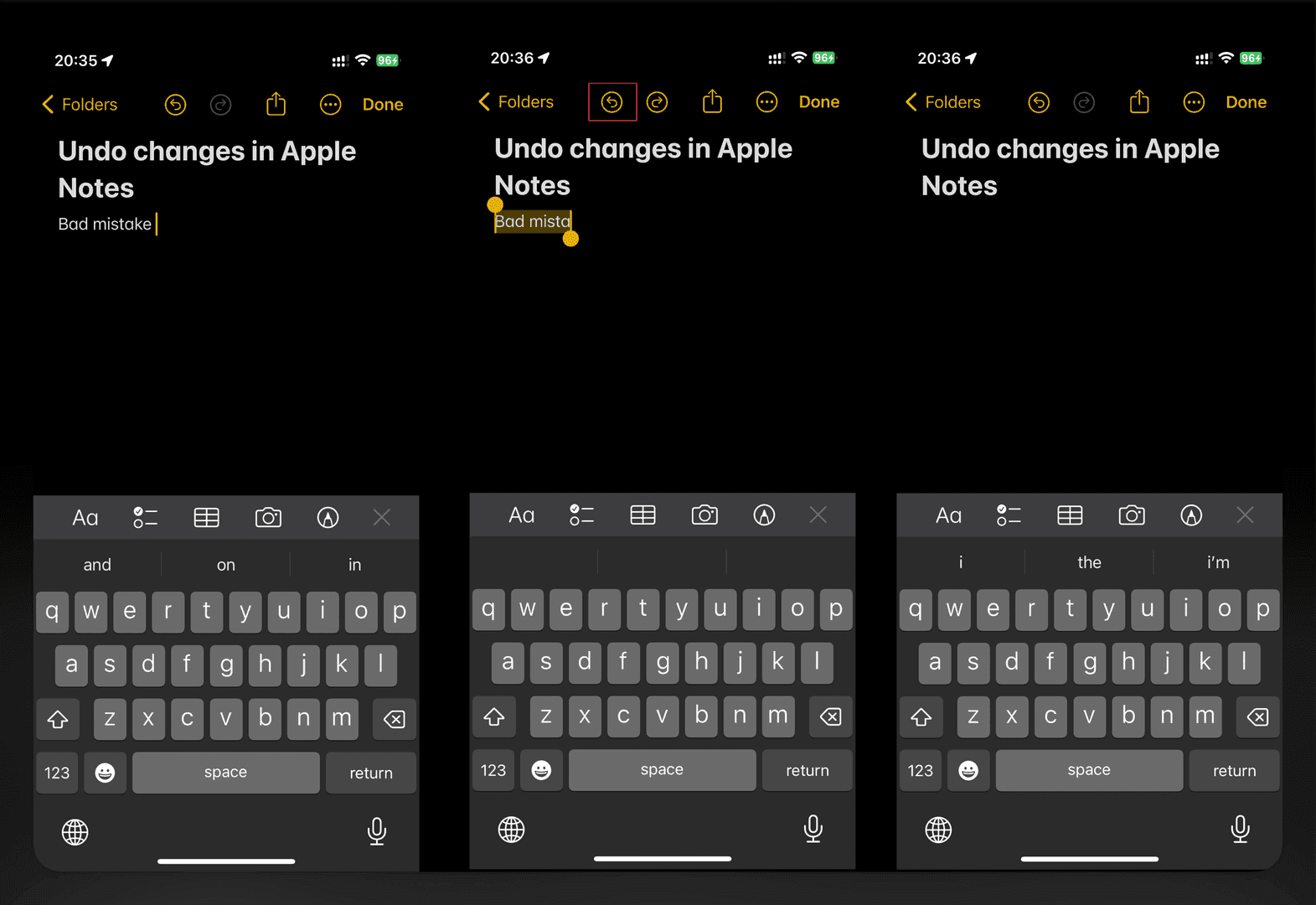 This image demonstrates the 'Undo changes in Apple Notes' feature on an iPhone. The user is shown correcting a 'Bad mistake' by tapping the undo button, which removes the last typed word. The visual elements include the iPhone's keyboard, the text editor, and the undo button highlighted in red.