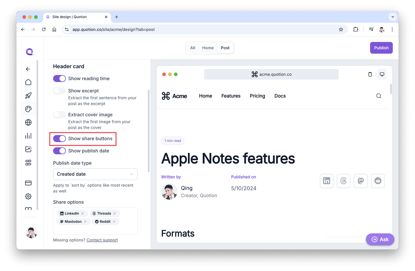 The image showcases a website design interface with a focus on post customization options. The 'Show share buttons' toggle is highlighted, indicating the user's ability to enable social media sharing for their content. The interface also displays a preview of a blog post titled 'Apple Notes features,' with share buttons visible at the bottom.