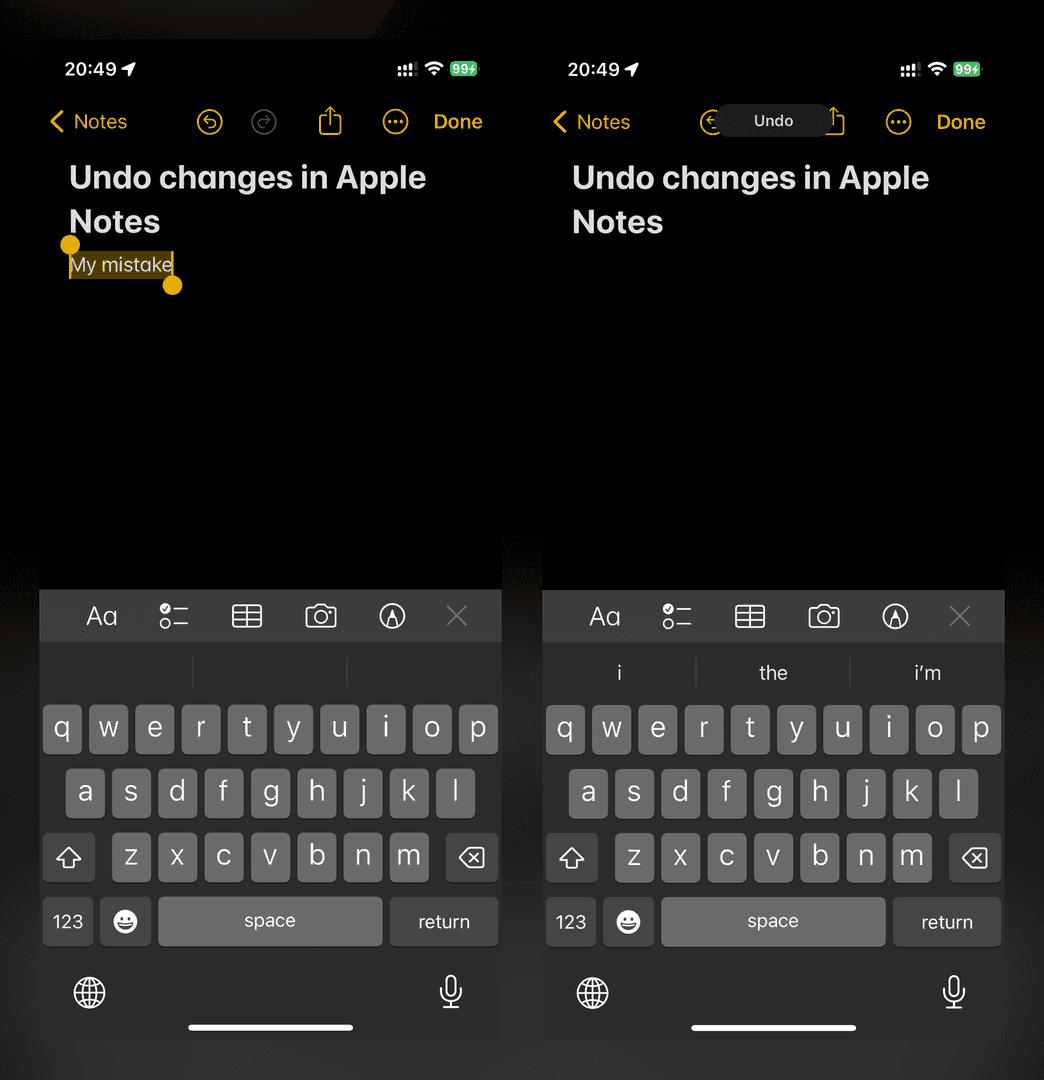 The image showcases the 'Undo changes in Apple Notes' feature on an iPhone. The user is in the process of undoing a change, as indicated by the 'Undo' button highlighted in the top navigation bar. The keyboard is visible at the bottom, suggesting the user is editing a note.