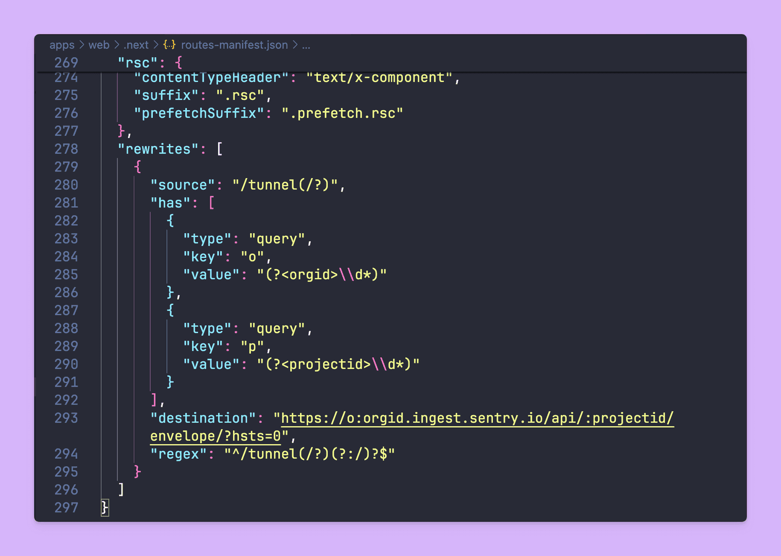 The image displays a code snippet from a routes-manifest.json file, likely part of a web application's routing configuration. The code defines rewrite rules, including a 'tunnel' route that appears to handle requests with specific query parameters like 'o' and 'p'. The overall mood is technical and focused, showcasing the inner workings of a web application's routing logic.