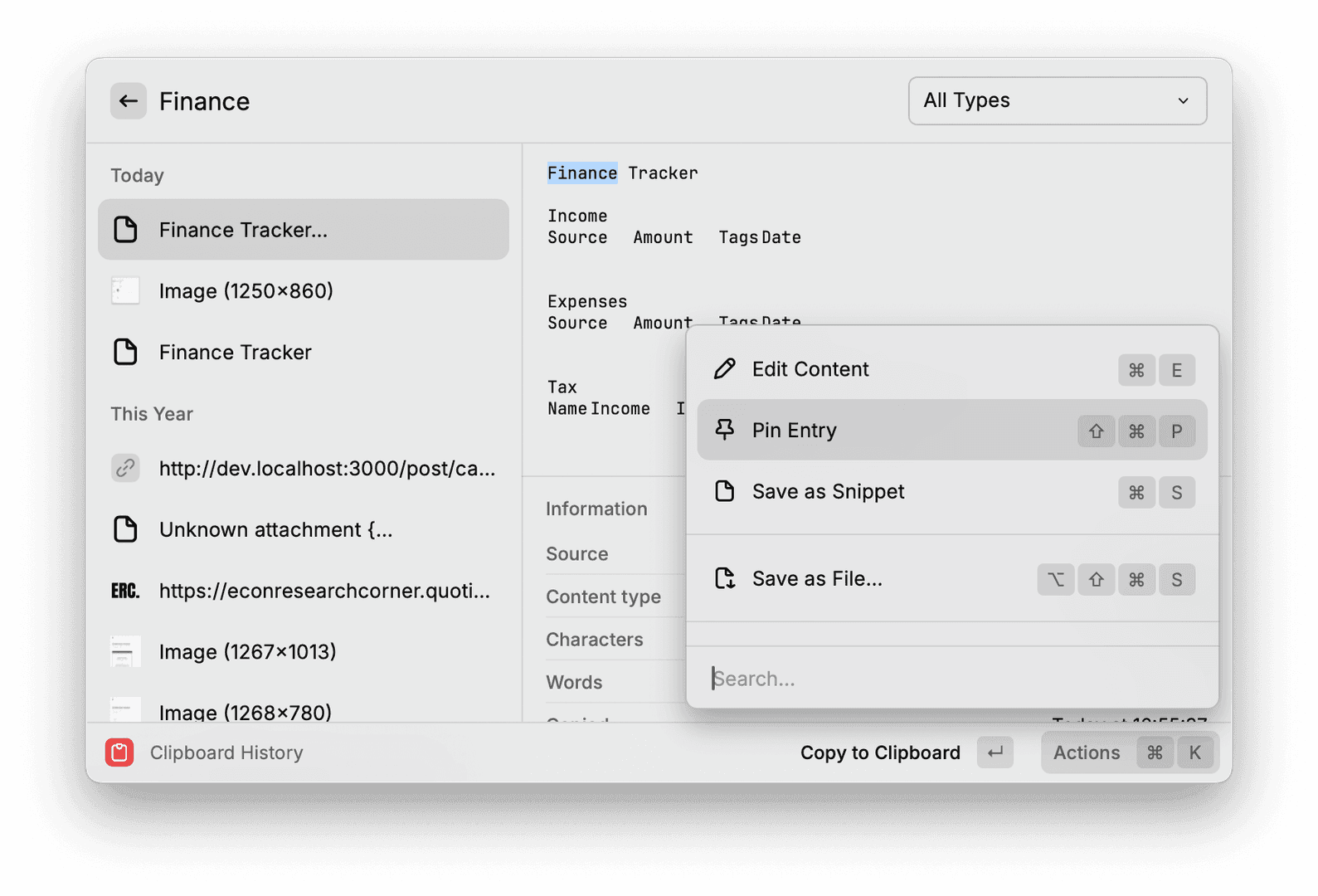 The image showcases a finance tracking application with a 'Finance' title, displaying various entries like 'Finance Tracker' and images. A context menu is open, offering options such as 'Edit Content,' 'Pin Entry,' 'Save as Snippet,' and 'Save as File.' The interface has a clean, modern design with a focus on organization and accessibility.