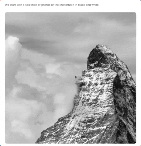 This black and white photo showcases the majestic Matterhorn mountain. The image captures the mountain's rugged texture and the surrounding clouds, creating a dramatic and awe-inspiring mood. The caption 'We start with a selection of photos of the Matterhorn in black and white' sets the stage for a visual journey.