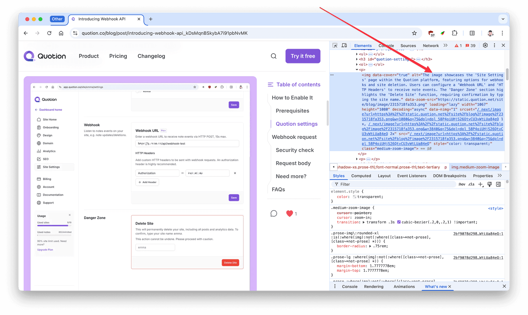 The image showcases a webpage titled 'Introducing Webhook API' with a screenshot of the Quotion platform's 'Site Settings' page. The page features options for webhooks and site deletion, with the 'Danger Zone' section highlighting the 'Delete Site' function. The developer tools are open, displaying the HTML code for the page, including the image element with the alt text 'The image showcases the 'Site Settings' page within the Quotion platform.'