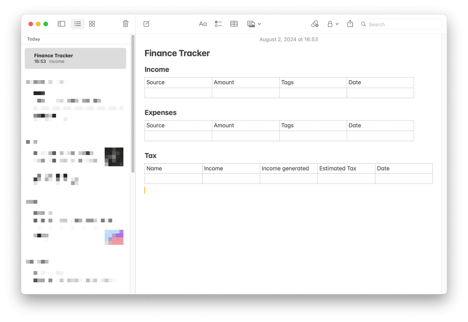 The image showcases a 'Finance Tracker' document open on a computer screen, designed to help users manage their income, expenses, and taxes. The document is organized into tables with headers like 'Source,' 'Amount,' 'Tags,' and 'Date,' providing a clear structure for financial tracking. The overall mood is organized and functional, suggesting a focus on financial management and record-keeping.