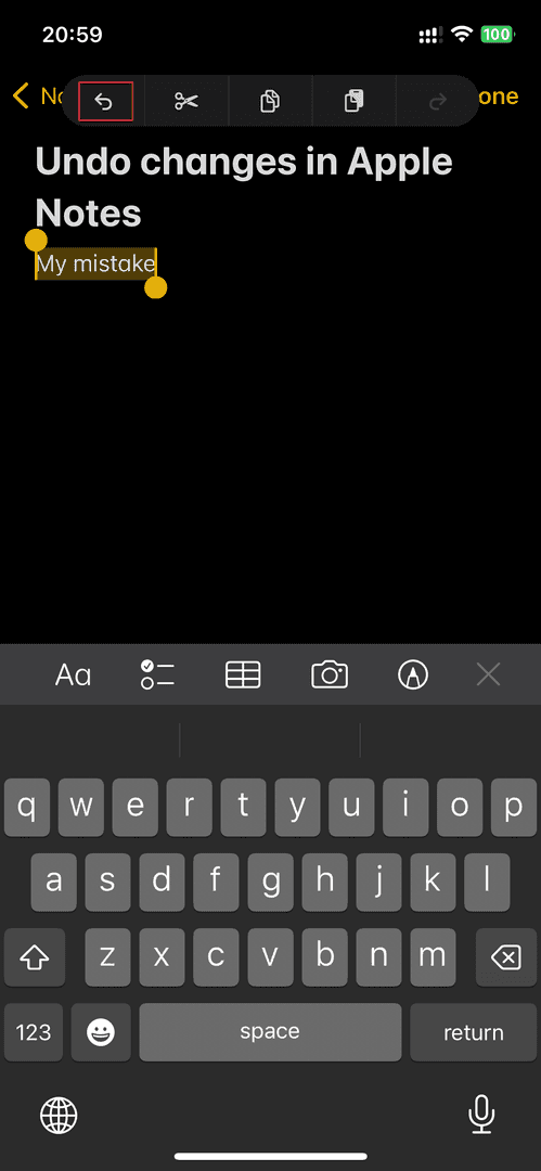 The image shows an iPhone screen with the Apple Notes app open, highlighting the 'Undo' button. The user has typed 'My mistake' and is about to undo the change. The overall mood is one of productivity and problem-solving, as the user corrects a mistake in their notes.