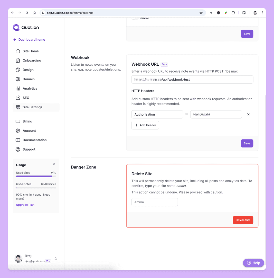 The image showcases the 'Site Settings' page within the Quotion platform, specifically highlighting the 'Webhook' and 'Danger Zone' sections. The 'Webhook' section allows users to configure a URL and HTTP headers for receiving note events, while the 'Danger Zone' provides the option to delete the site. The overall mood is functional and informative, with a clean interface and a focus on user control.