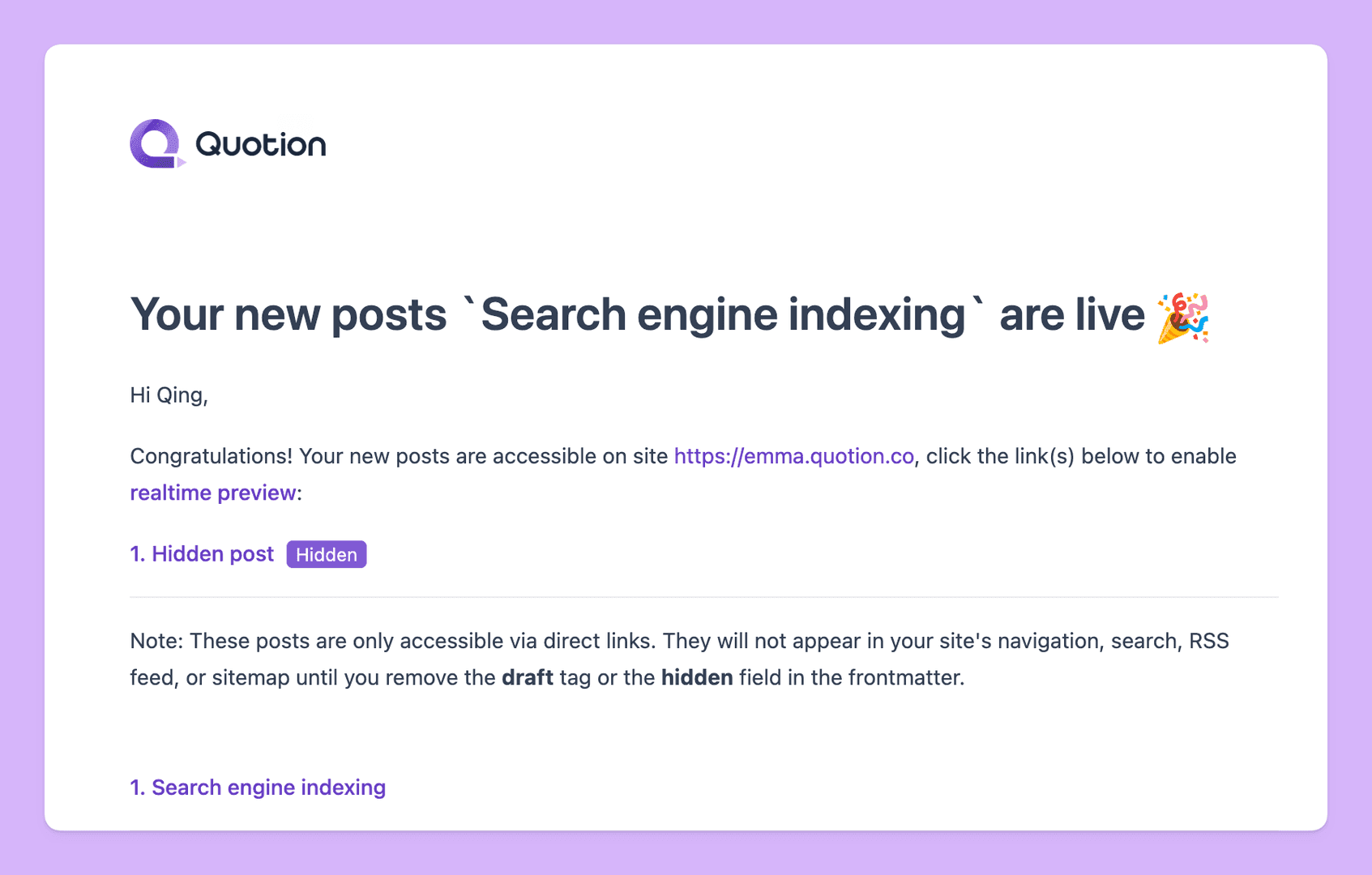 This image is a screenshot of an email from Quotion, congratulating Qing on their new posts being live. The email highlights the 'Search engine indexing' posts and provides a link to enable a realtime preview. The overall mood is celebratory, with a confetti emoji adding a touch of excitement.