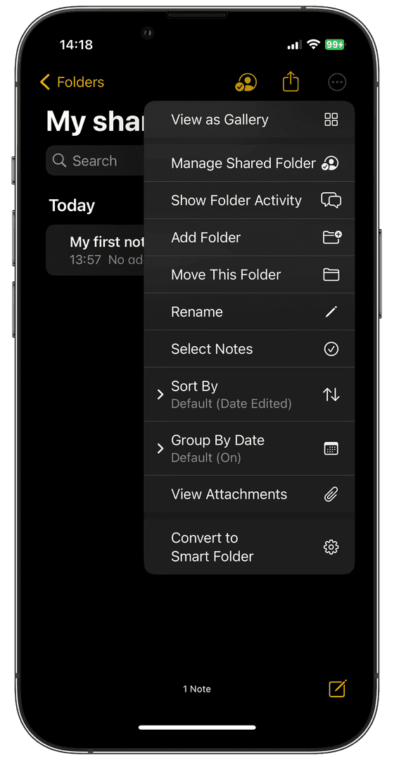 The image showcases an iPhone screen displaying the 'My shared' folder within the 'Folders' section of a notes app. A menu is open, offering options like 'View as Gallery,' 'Manage Shared Folder,' and 'Add Folder.' The dark mode interface creates a sleek and modern aesthetic, highlighting the app's organizational features.