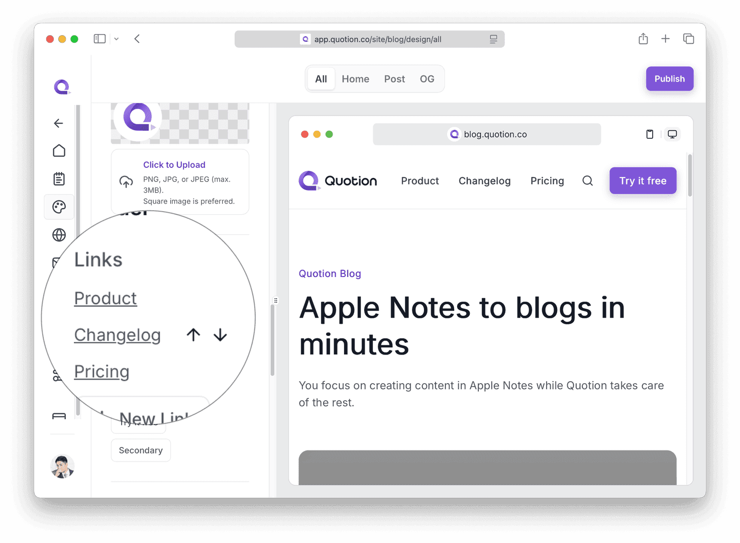 The image showcases the Quotion blog interface, highlighting a post titled 'Apple Notes to blogs in minutes.' The interface features a sidebar with options like 'Product,' 'Changelog,' and 'Pricing,' along with a 'Publish' button at the top. The overall mood is clean and modern, with a focus on content creation and user-friendly design.