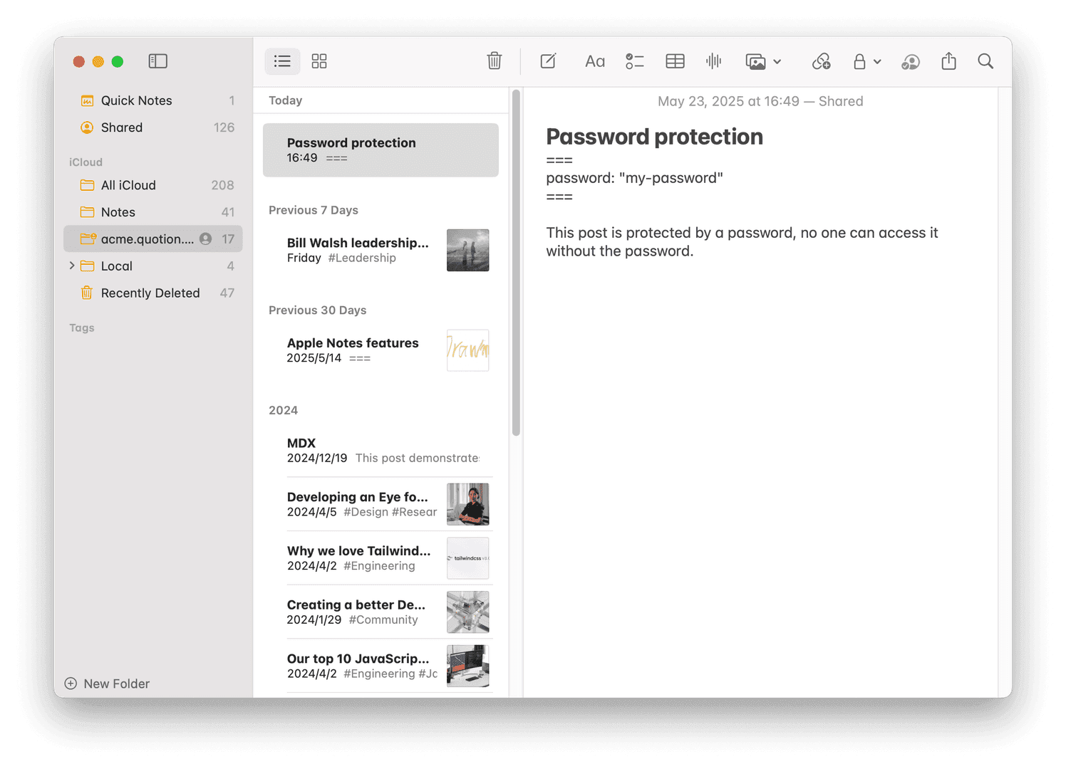 The image showcases the 'Password protection' note in Apple Notes, highlighting its password-protected content. The note's content reveals the password and a message stating that the post is inaccessible without it. The interface displays a list of notes, with the selected note's details on the right.