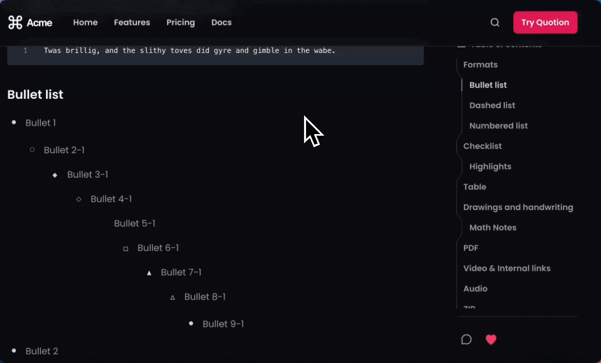 The image showcases a dark-themed interface with a 'Bullet list' feature highlighted in the 'Formats' menu. The main subject is a text editor with a nested bulleted list, demonstrating the formatting options available. The overall mood is clean and modern, with a focus on user-friendly design.