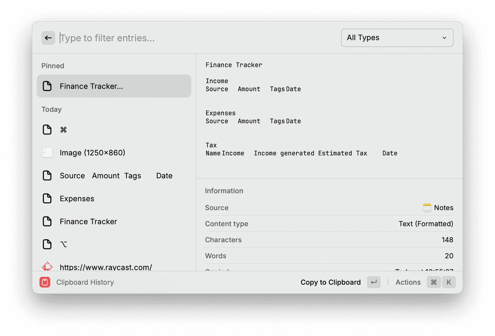 The image showcases a finance tracker interface with various entries, including 'Finance Tracker' and 'Expenses.' The interface displays information such as income, expenses, and tax details, along with content type, characters, and words. The overall mood is organized and informative, suggesting a tool for managing financial data.