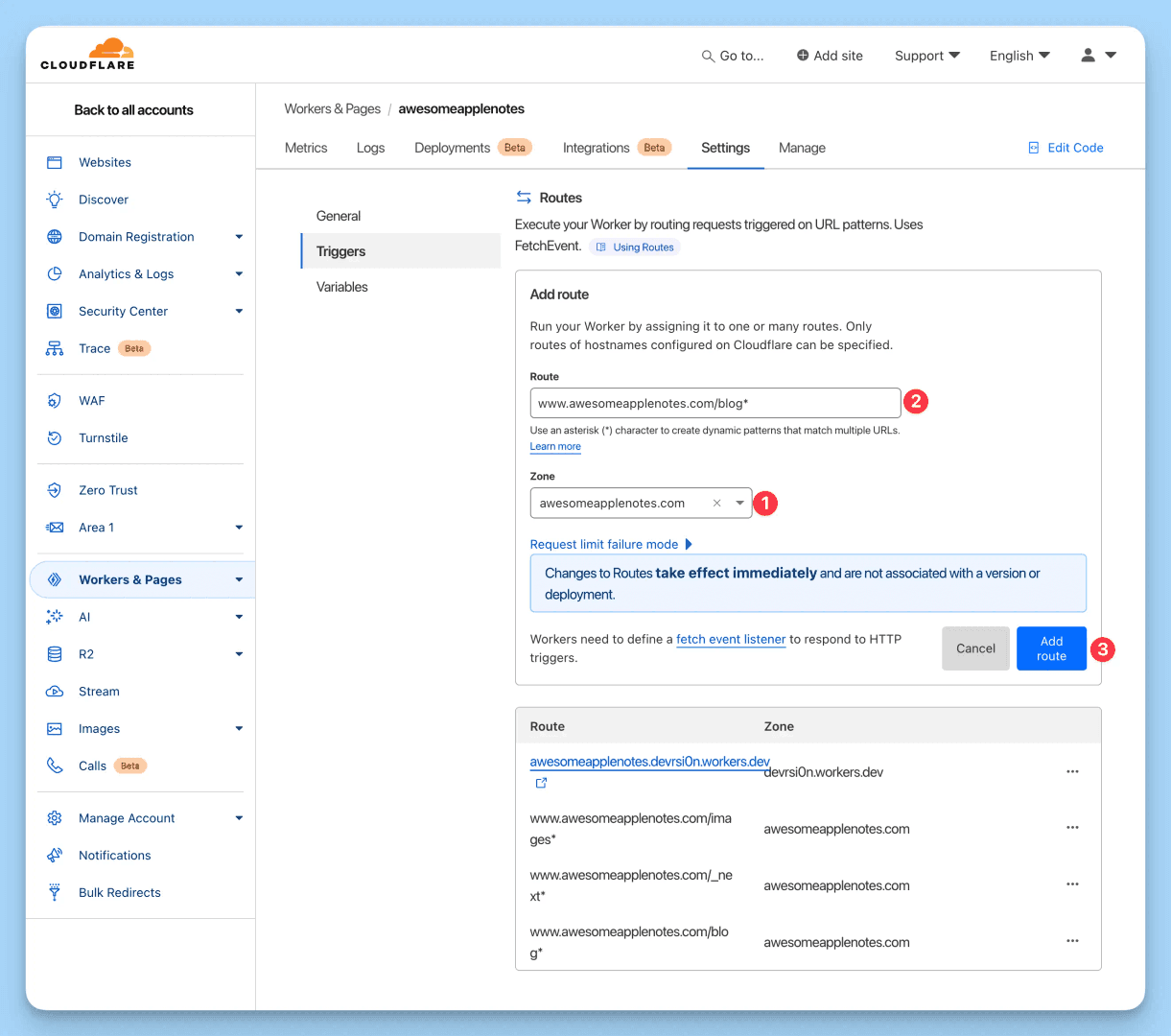 This image showcases the Cloudflare Workers & Pages settings interface, specifically the 'Routes' configuration. The user is in the process of adding a new route, defining the URL pattern and zone for their worker. The interface highlights the immediate effect of route changes and the need for a fetch event listener.