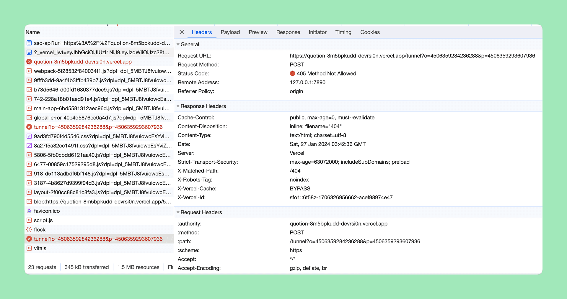 The image displays a network request inspection tool, likely within a web browser's developer tools. The 'Headers' tab is selected, revealing details about a specific request to 'tunnel?o=4506359284236288&p=4506359293607936,' which resulted in a '405 Method Not Allowed' status. The interface is clean and functional, with a light green background and a focus on technical data.