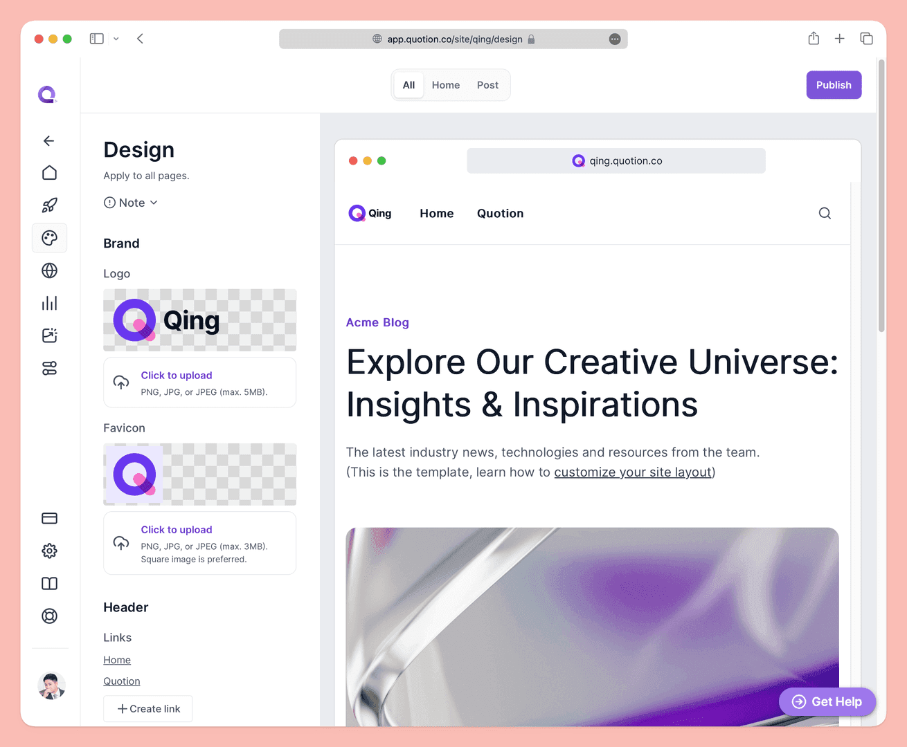 The image showcases a website design interface with the title 'Design' on the left sidebar, allowing users to customize their site's brand elements. The main content area displays a blog post titled 'Explore Our Creative Universe: Insights & Inspirations' under the 'Acme Blog' heading. The overall mood is clean and modern, with a focus on user-friendly design and content creation.