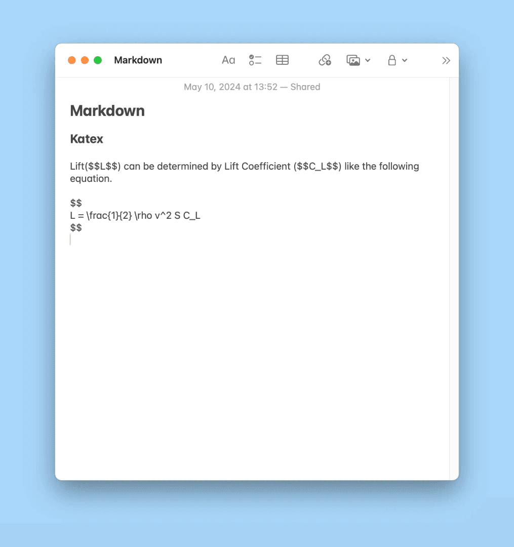 The image showcases a Markdown document titled 'Markdown' with a section on 'Katex.' It displays a mathematical equation for lift, illustrating how lift can be determined by the lift coefficient. The overall mood is informative and technical, with a clean, minimalist design.