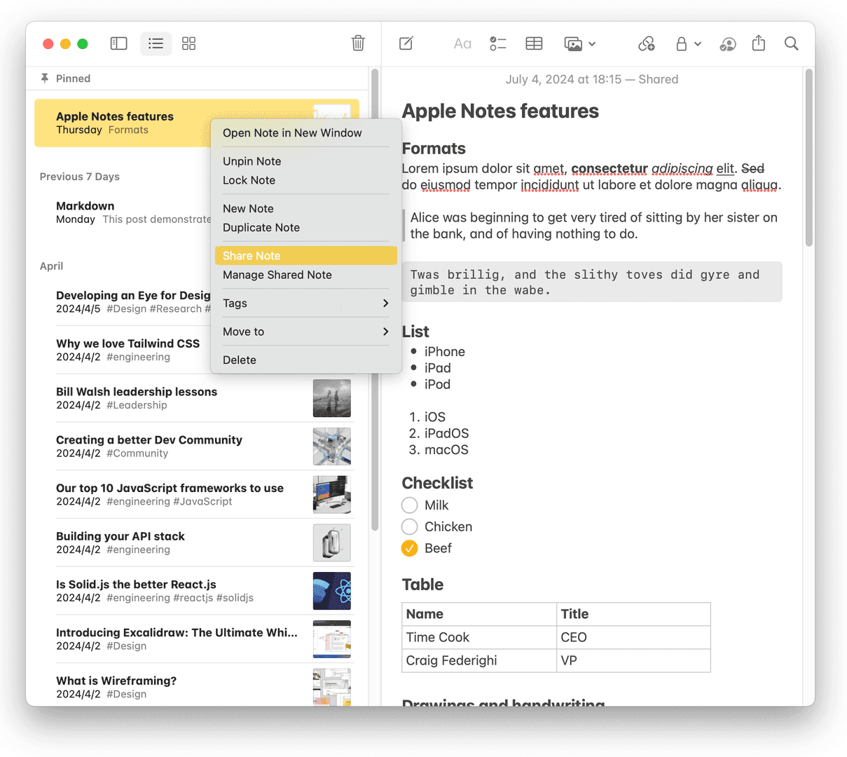 The image showcases the Apple Notes app on a Mac, highlighting the 'Share Note' option within the context menu. The note titled 'Apple Notes features' is open, displaying formatted text, a list, a checklist, and a table. The overall mood is informative, demonstrating the app's sharing capabilities.