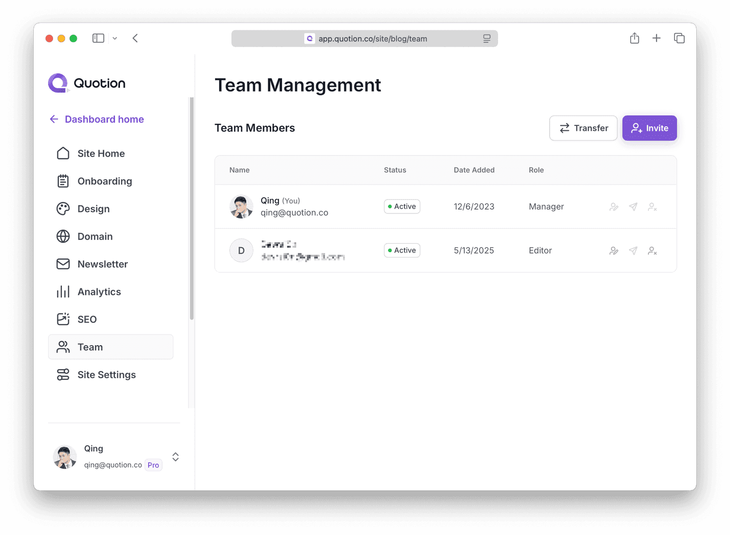 The image showcases the 'Team Management' section of a website, displaying a list of team members with their roles, status, and date added. The interface has a clean, modern design with options to 'Transfer' or 'Invite' new members. The overall mood is professional and organized, reflecting a user-friendly platform for managing team access and roles.