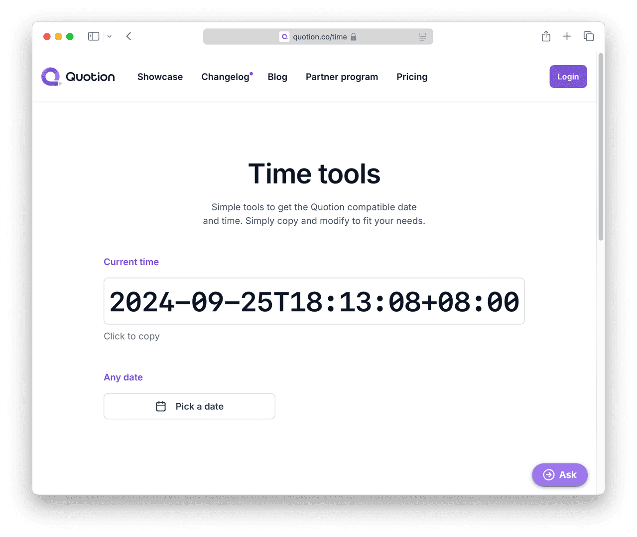 The image showcases the 'Time tools' section of the Quotion website, designed to provide users with a simple way to get the Quotion-compatible date and time. The current time is displayed as '2024-09-25T18:13+08', with a 'Click to copy' prompt. The interface also includes an option to 'Pick a date' for any date.