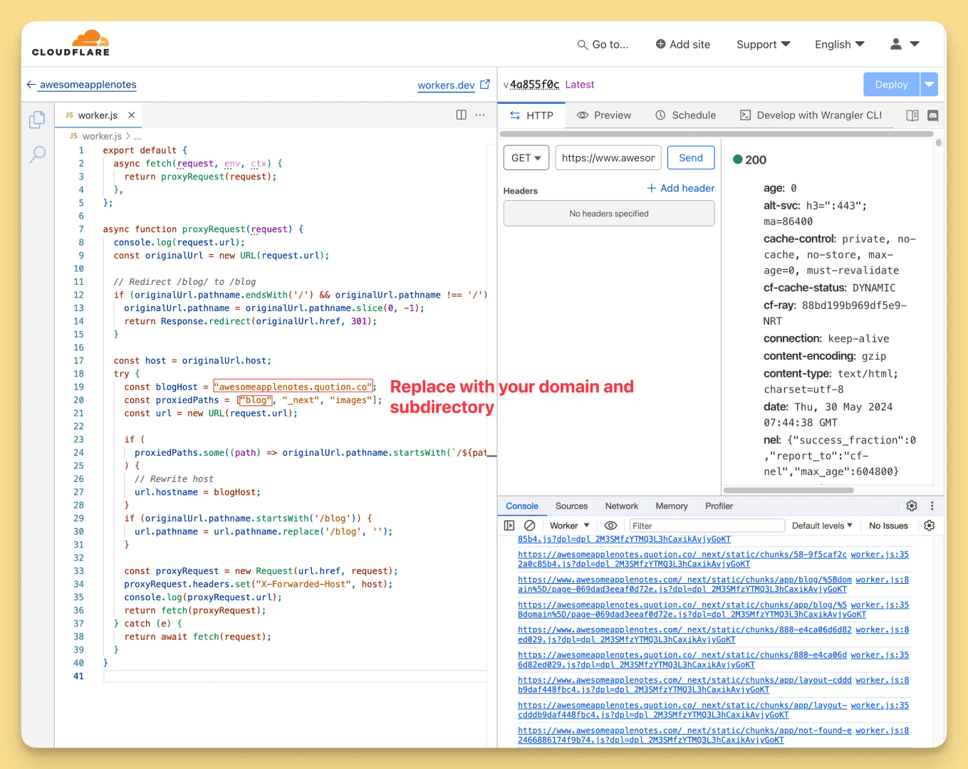 The image showcases a Cloudflare worker script within the workers.dev interface, specifically the 'worker.js' file. The code is designed to proxy requests, with a focus on rewriting the host and handling specific paths like '/blog.' The script includes a comment prompting the user to replace the domain and subdirectory for proper functionality.