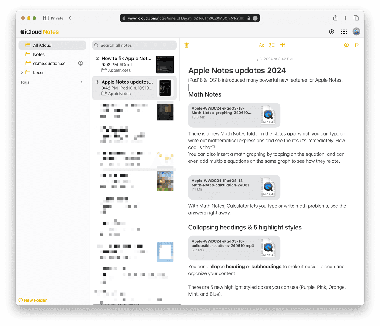 The image showcases the iCloud Notes app on a Mac, highlighting the 'Apple Notes updates 2024' feature. The notes detail new functionalities like Math Notes, which allows users to write mathematical expressions and see results immediately. The app also introduces collapsing headings and five new highlight styles for better organization.