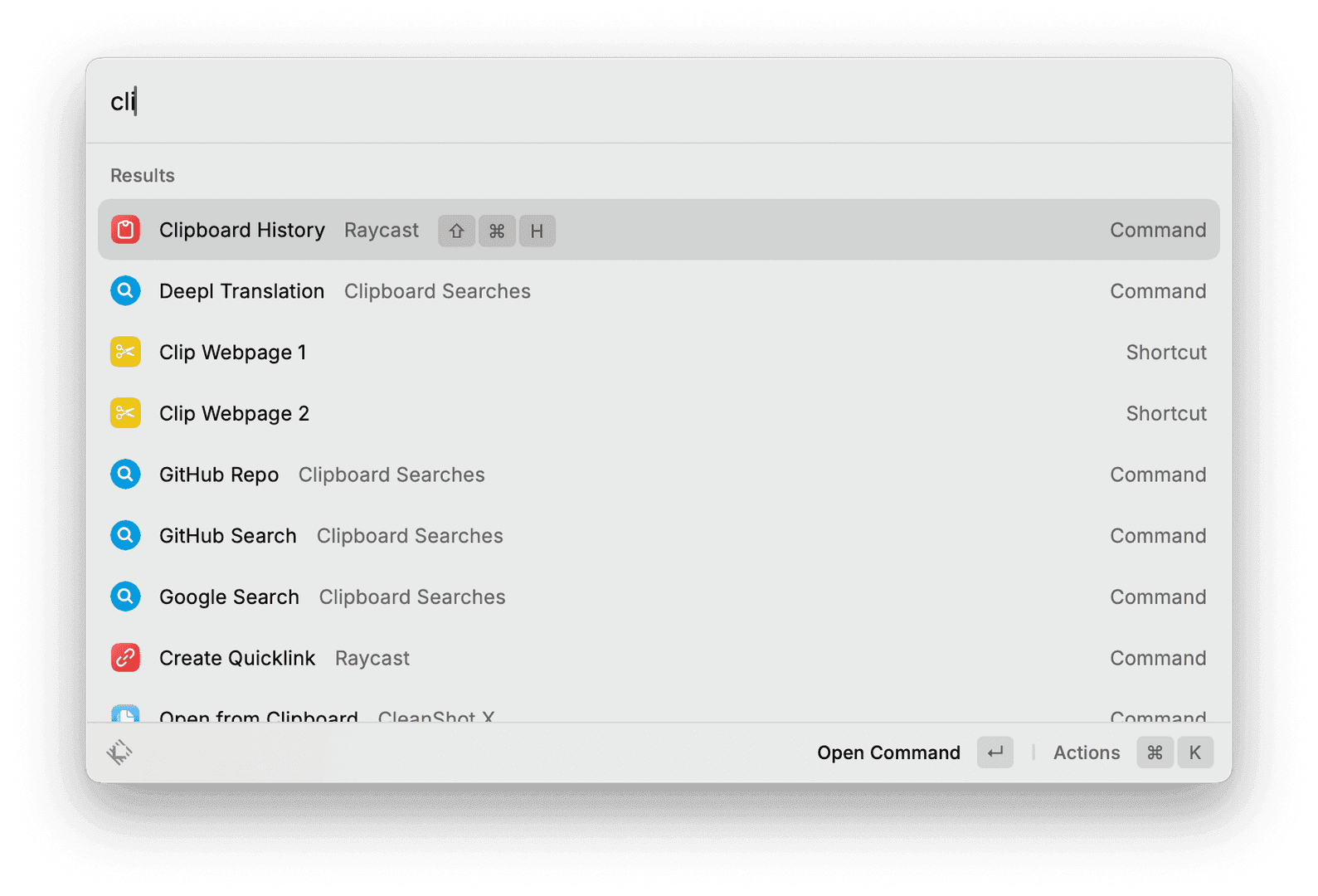 The image showcases a search bar with the text 'cli' typed in, displaying a list of results. The results include options like 'Clipboard History,' 'Deepl Translation,' and 'Clip Webpage 1,' each with associated commands or shortcuts. The overall mood is functional and efficient, highlighting the user's interaction with a search interface.