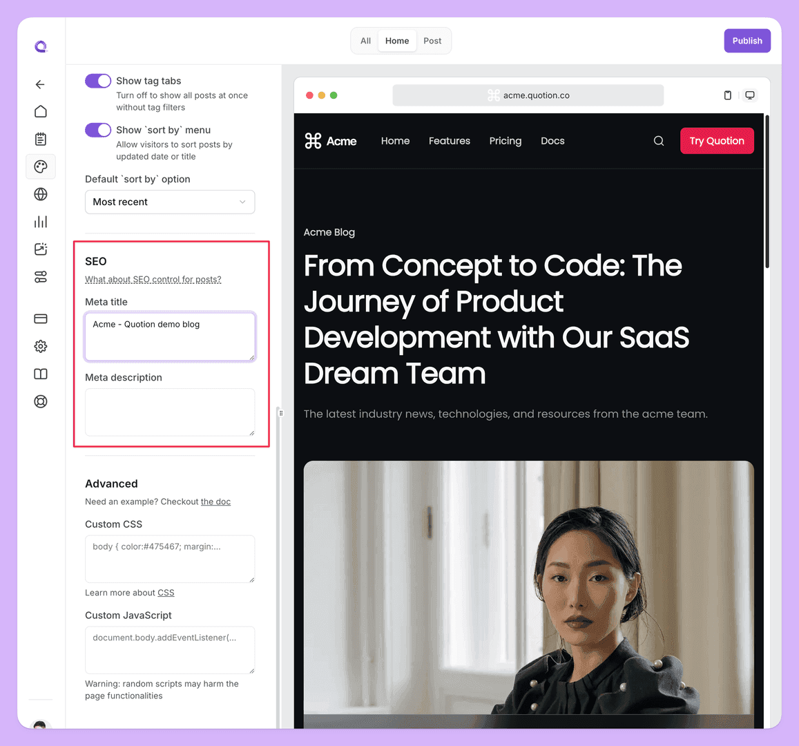 The image showcases the SEO settings for a blog post titled 'From Concept to Code: The Journey of Product Development with Our SaaS Dream Team.' The interface allows users to customize the meta title and description for the post. The overall mood is professional and informative, with a focus on content optimization.