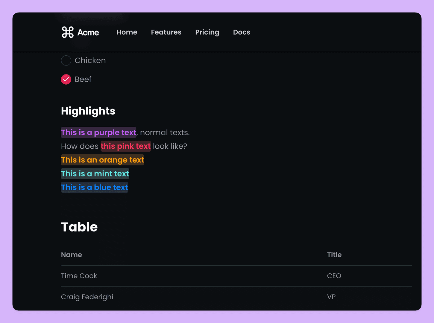 This image showcases a dark-themed UI design with a focus on text highlighting. The 'Highlights' section demonstrates different text colors, including purple, pink, orange, mint, and blue, while a table lists 'Time Cook' as CEO and 'Craig Federighi' as VP. The overall mood is modern and clean, with a focus on readability and visual clarity.