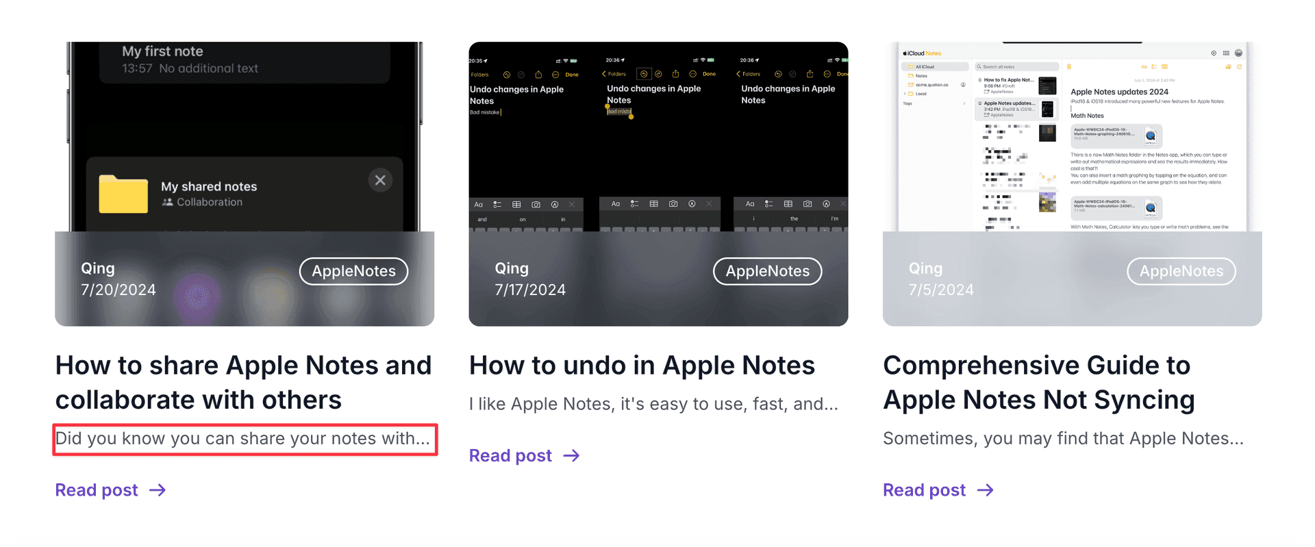 This image showcases three blog posts related to Apple Notes. The first post is titled 'How to share Apple Notes and collaborate with others,' the second is 'How to undo in Apple Notes,' and the third is 'Comprehensive Guide to Apple Notes Not Syncing.' Each post features a screenshot of the Apple Notes app and a brief description.