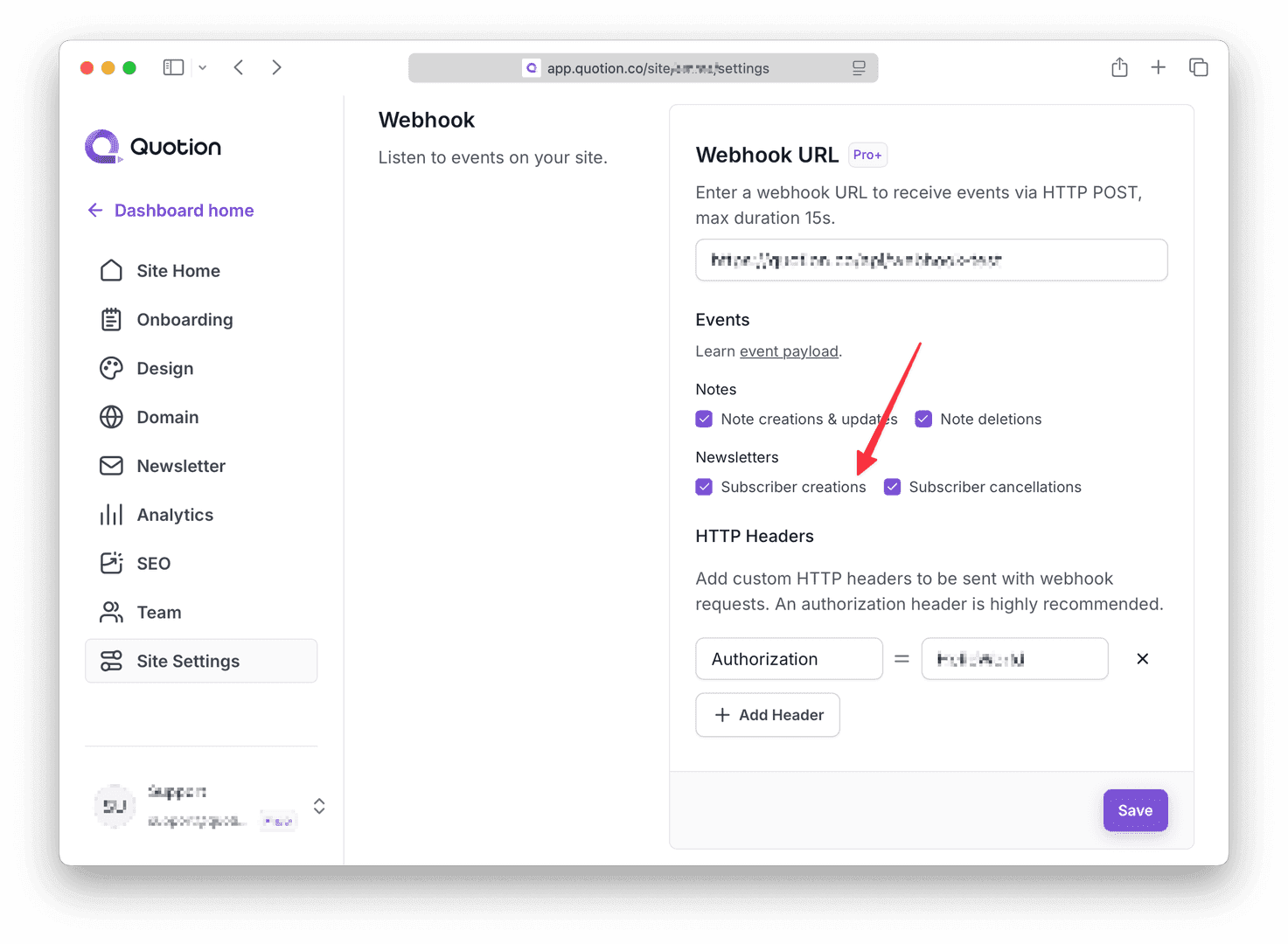 The image showcases the 'Webhook' settings page within the Quotion platform, allowing users to listen to events on their site. Key features include the ability to enter a webhook URL, select event types like 'Subscriber creations,' and configure HTTP headers for authorization. The interface is clean and modern, with a focus on user-friendly configuration options.