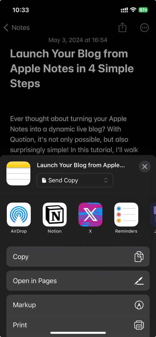 This screenshot showcases a tutorial on how to 'Launch Your Blog from Apple Notes in 4 Simple Steps.' The image displays the share sheet from Apple Notes, offering options like AirDrop, Notion, and X (formerly Twitter). The overall mood is informative and helpful, guiding users through the process of creating a blog from their notes.