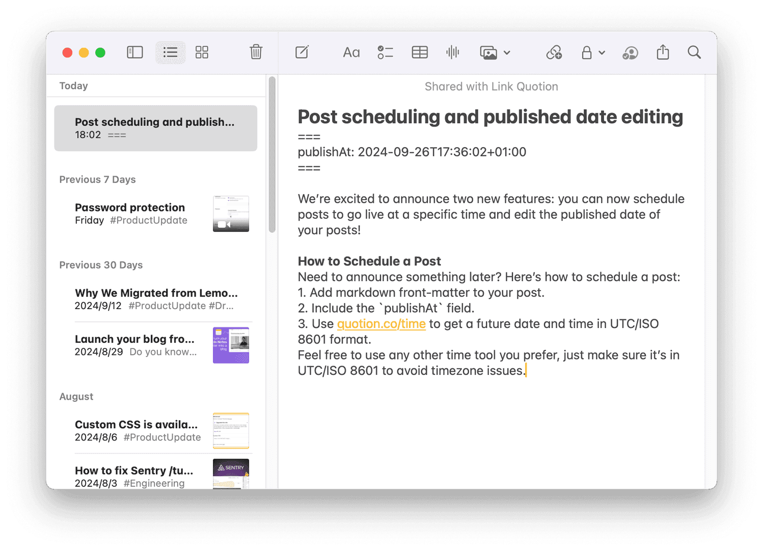 The image showcases a blog post titled 'Post scheduling and published date editing' within a note-taking application. The post announces two new features: scheduling posts and editing their published dates. It provides instructions on how to schedule a post, including adding markdown, the publishAt field, and using quotion.co/time for UTC/ISO 8601 formatting.
