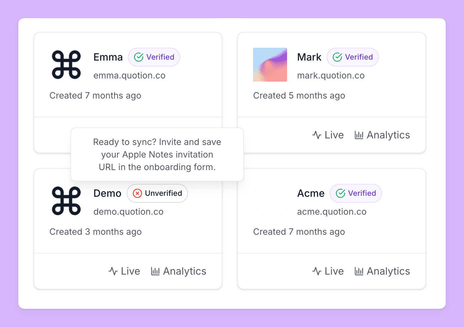 The image showcases a user interface with four cards, each representing a different entity like 'Emma,' 'Mark,' 'Demo,' and 'Acme.' Each card displays information such as the entity's name, verification status, and creation date. A pop-up message prompts the user to sync by inviting and saving their Apple Notes invitation URL.