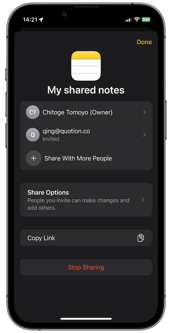 The image showcases the 'My shared notes' screen on an iPhone, displaying options for managing shared notes. It lists the owner and invited users, along with options to share with more people, adjust share options, and copy the link. The dark mode interface creates a sleek and modern aesthetic, emphasizing the app's functionality.