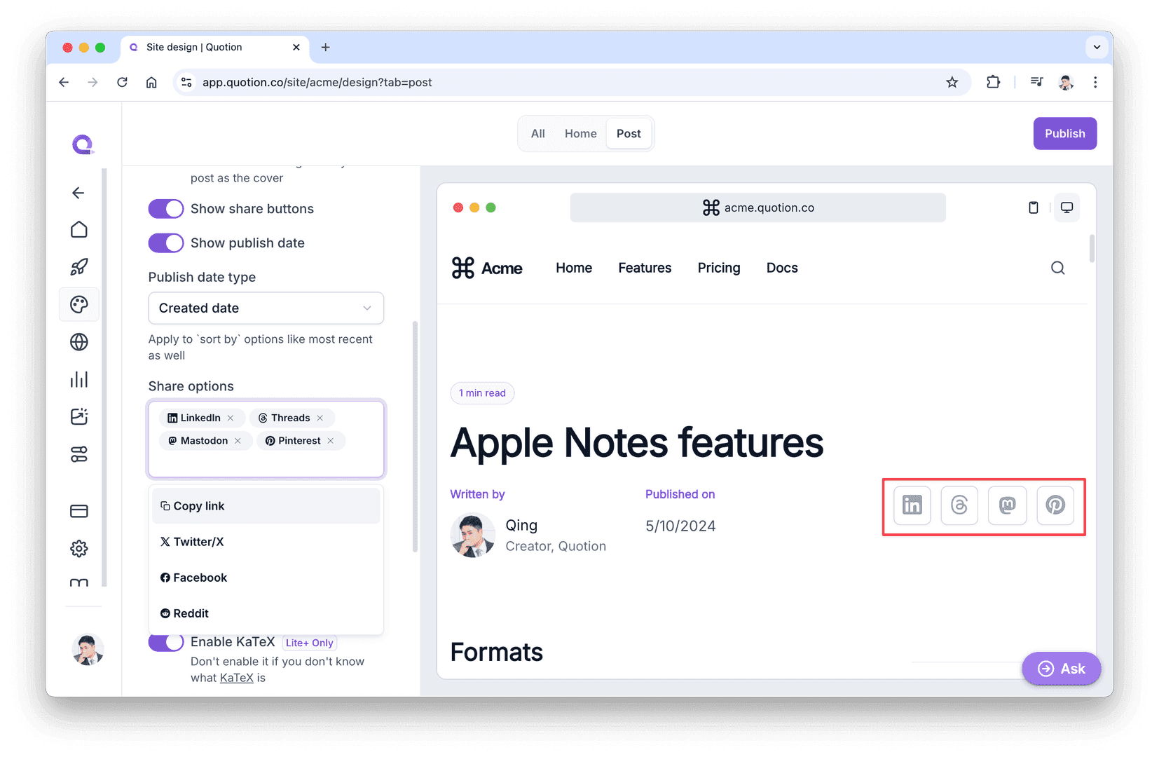 The image showcases a website design interface with a focus on content creation and sharing options. The main subject is an article titled 'Apple Notes features,' with social media sharing buttons for LinkedIn, Threads, Mastodon, and Pinterest. The interface includes options to customize the post, such as showing share buttons and publish date.